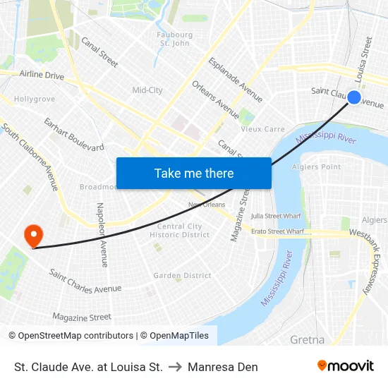 St. Claude Ave. at Louisa St. to Manresa Den map