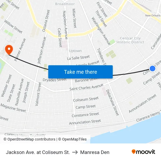 Jackson Ave. at Coliseum St. to Manresa Den map