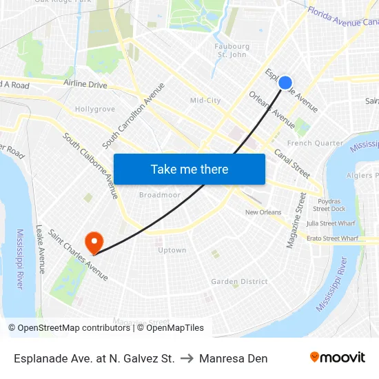 Esplanade Ave. at N. Galvez St. to Manresa Den map