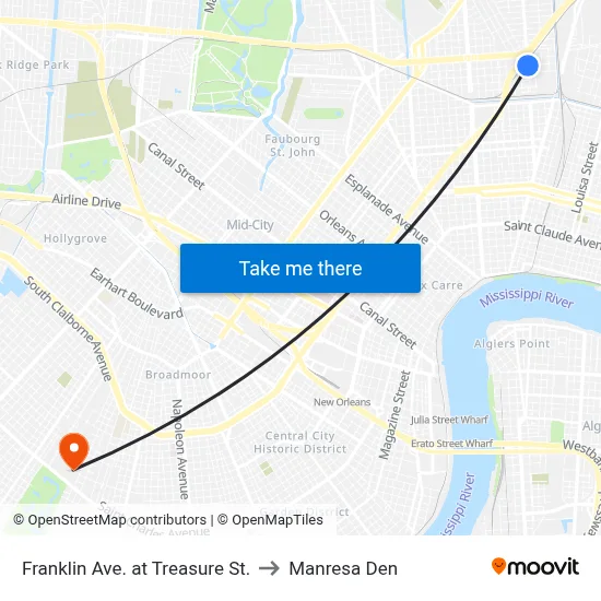 Franklin Ave. at Treasure St. to Manresa Den map