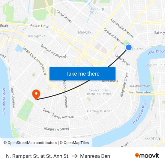 N. Rampart St. at St. Ann St. to Manresa Den map