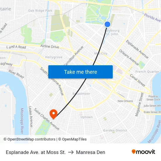Esplanade Ave. at Moss St. to Manresa Den map