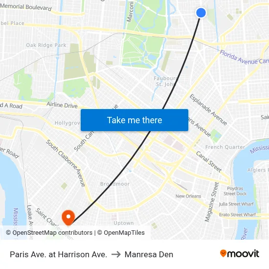 Paris Ave. at Harrison Ave. to Manresa Den map