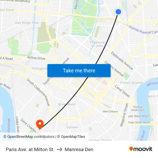Paris Ave. at Milton St. to Manresa Den map