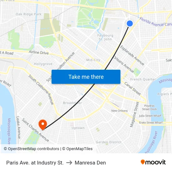Paris Ave. at Industry St. to Manresa Den map