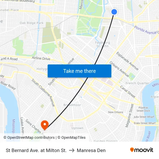 St Bernard Ave. at Milton St. to Manresa Den map