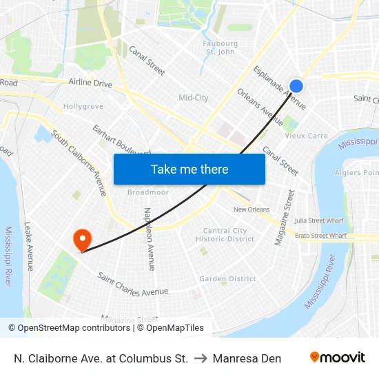 N. Claiborne Ave. at Columbus St. to Manresa Den map