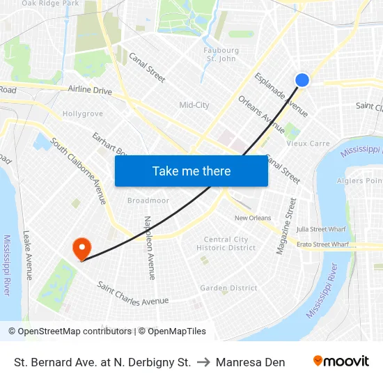 St. Bernard Ave. at N. Derbigny St. to Manresa Den map