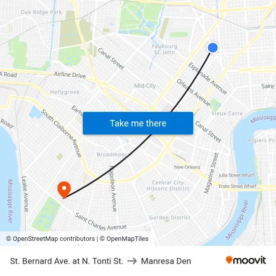 St. Bernard Ave. at N. Tonti St. to Manresa Den map