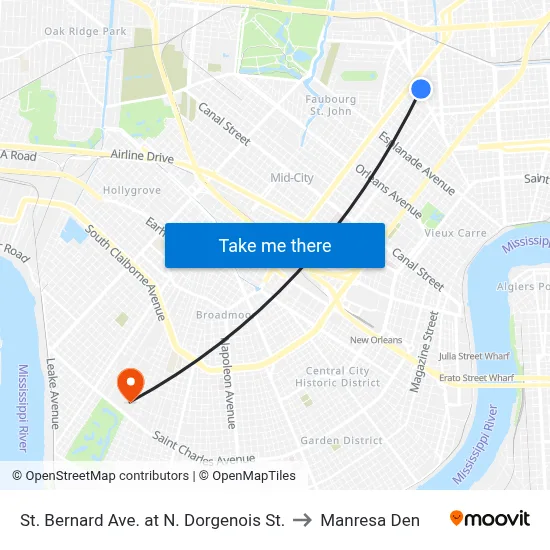 St. Bernard Ave. at N. Dorgenois St. to Manresa Den map