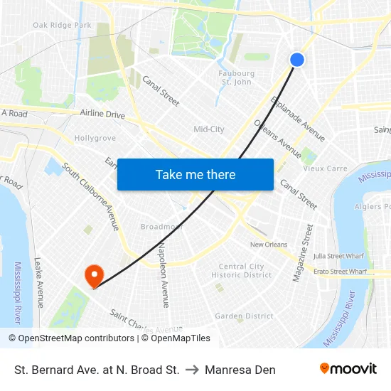 St. Bernard Ave. at N. Broad St. to Manresa Den map
