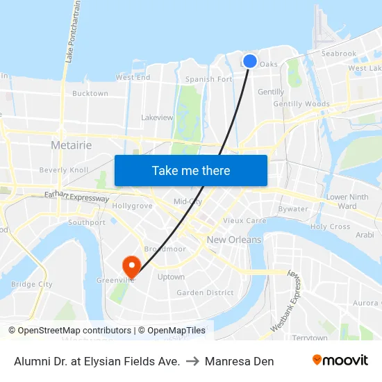 Alumni Dr. at Elysian Fields Ave. to Manresa Den map