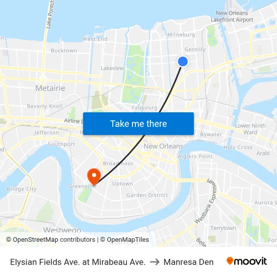 Elysian Fields Ave. at Mirabeau Ave. to Manresa Den map