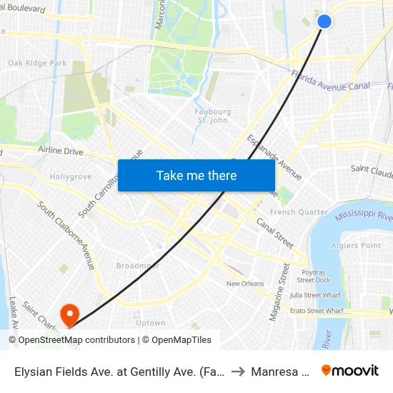 Elysian Fields Ave. at Gentilly Ave. (Farside) to Manresa Den map