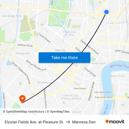 Elysian Fields Ave. at Pleasure St. to Manresa Den map