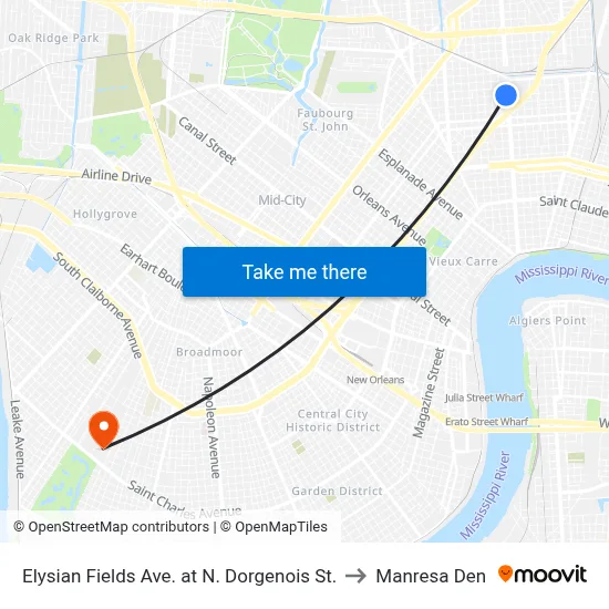 Elysian Fields Ave. at N. Dorgenois St. to Manresa Den map