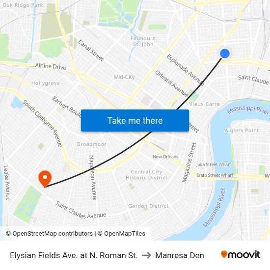 Elysian Fields Ave. at N. Roman St. to Manresa Den map