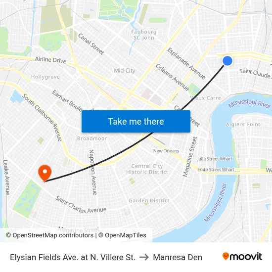 Elysian Fields Ave. at N. Villere St. to Manresa Den map