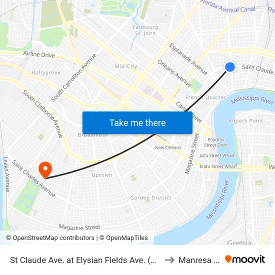 St Claude Ave. at Elysian Fields Ave. (Nearside) to Manresa Den map