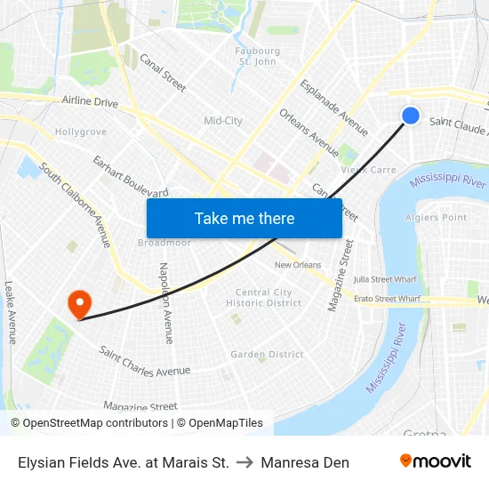 Elysian Fields Ave. at Marais St. to Manresa Den map