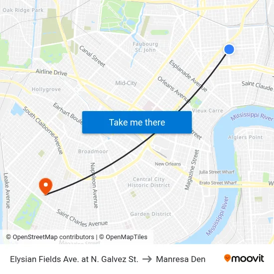 Elysian Fields Ave. at N. Galvez St. to Manresa Den map