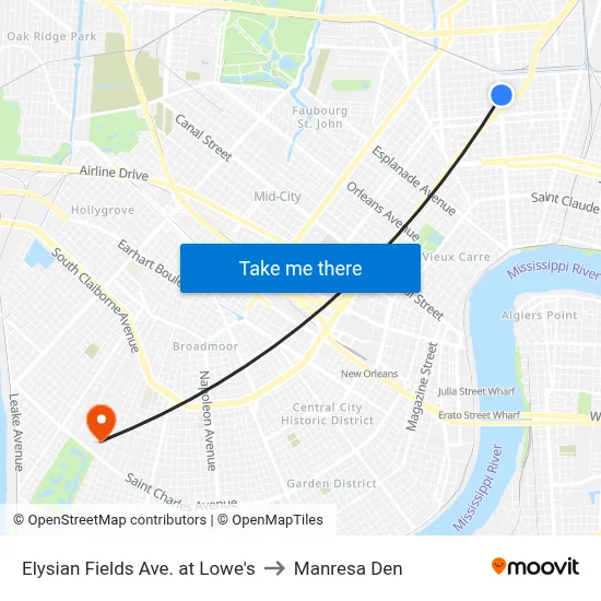 Elysian Fields Ave. at Lowe's to Manresa Den map