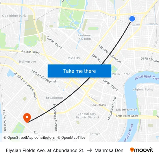 Elysian Fields Ave. at Abundance St. to Manresa Den map
