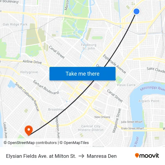 Elysian Fields Ave. at Milton St. to Manresa Den map