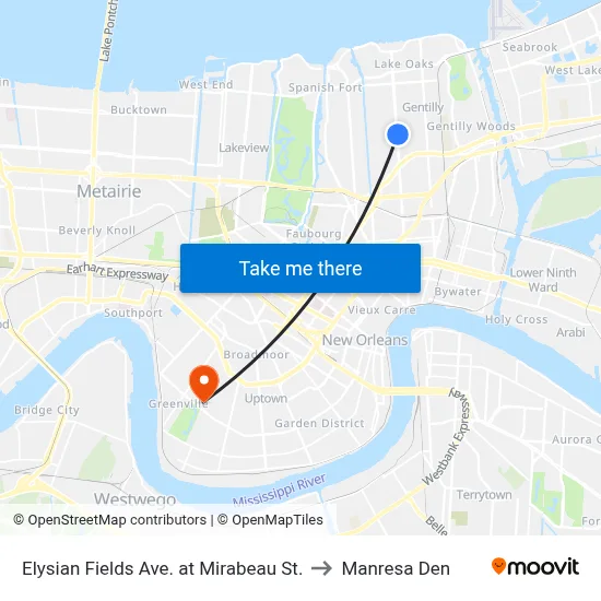 Elysian Fields Ave. at Mirabeau St. to Manresa Den map