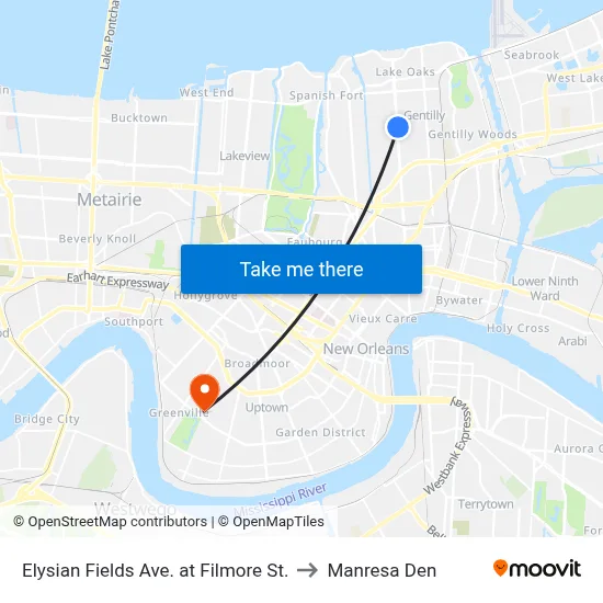 Elysian Fields Ave. at Filmore St. to Manresa Den map