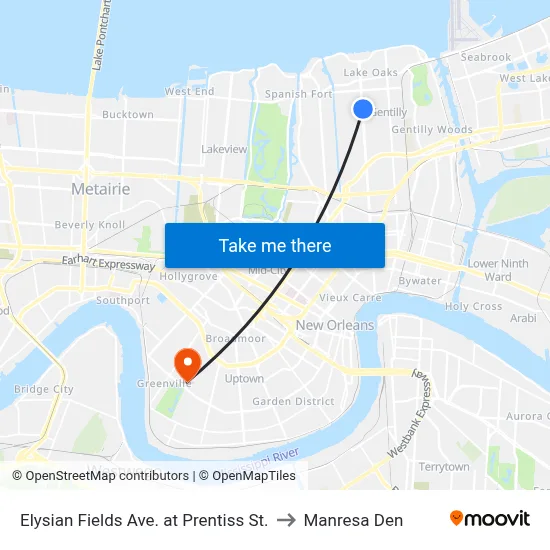 Elysian Fields Ave. at Prentiss St. to Manresa Den map