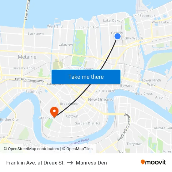 Franklin Ave. at Dreux St. to Manresa Den map