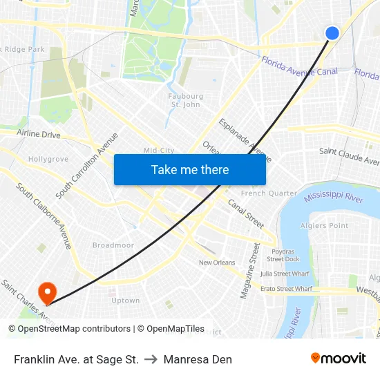 Franklin Ave. at Sage St. to Manresa Den map