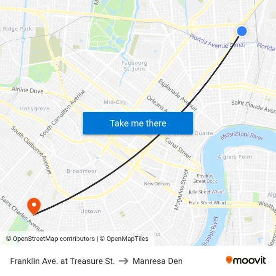 Franklin Ave. at Treasure St. to Manresa Den map