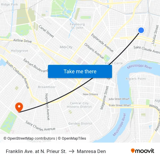 Franklin Ave. at N. Prieur St. to Manresa Den map