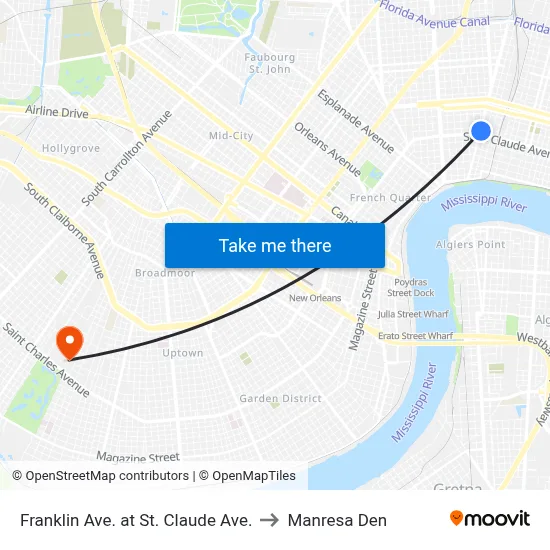 Franklin Ave. at St. Claude Ave. to Manresa Den map