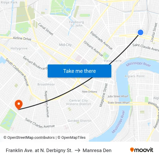 Franklin Ave. at N. Derbigny St. to Manresa Den map