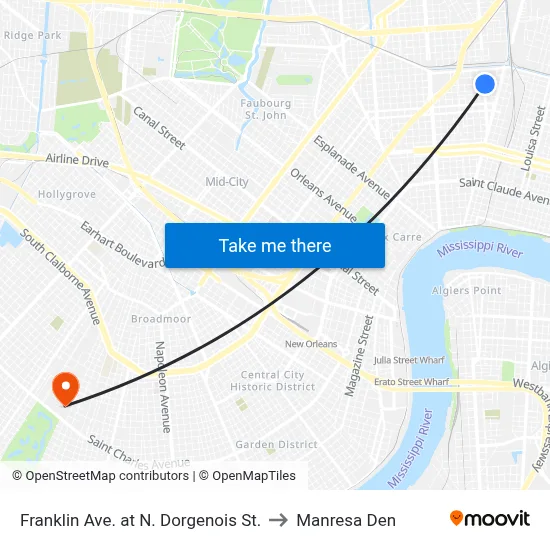 Franklin Ave. at N. Dorgenois St. to Manresa Den map