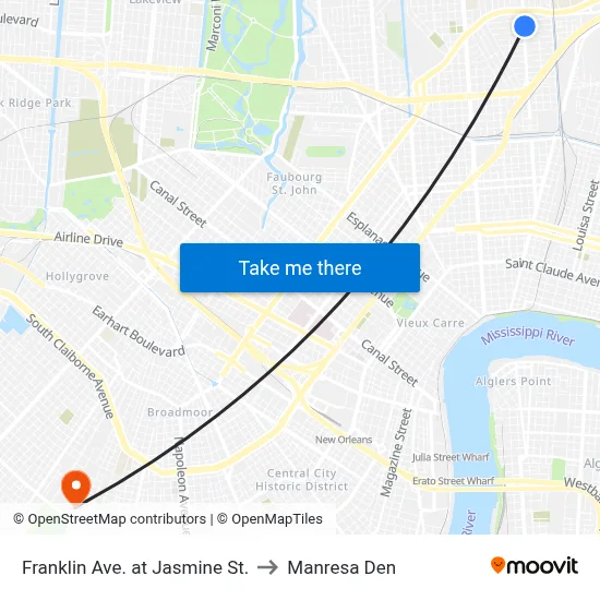 Franklin Ave. at Jasmine St. to Manresa Den map