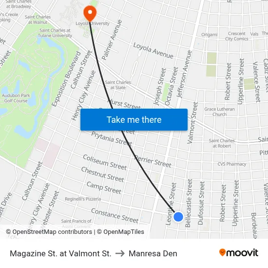 Magazine St. at Valmont St. to Manresa Den map