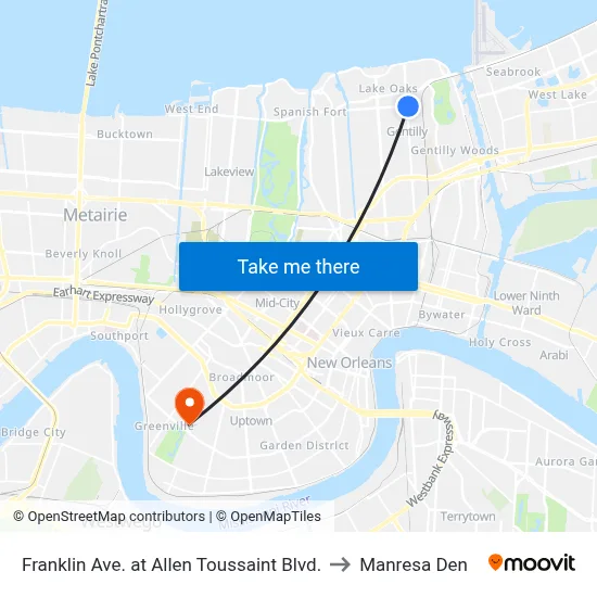 Franklin Ave. at Allen Toussaint Blvd. to Manresa Den map
