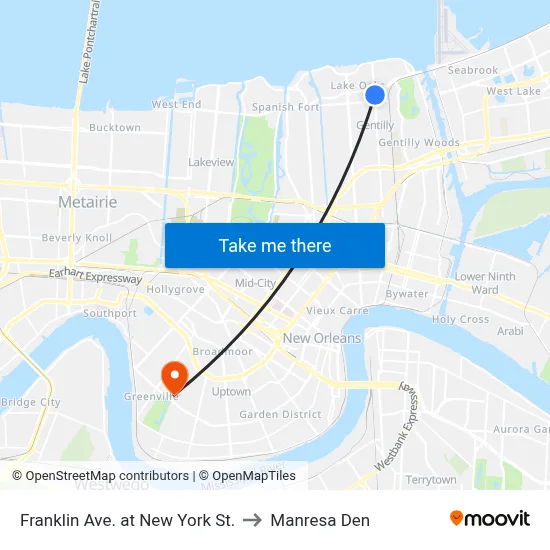 Franklin Ave. at New York St. to Manresa Den map