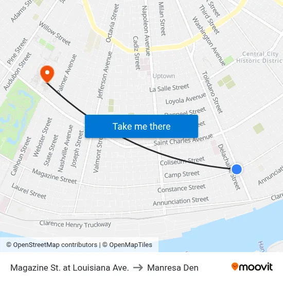 Magazine St. at Louisiana Ave. to Manresa Den map