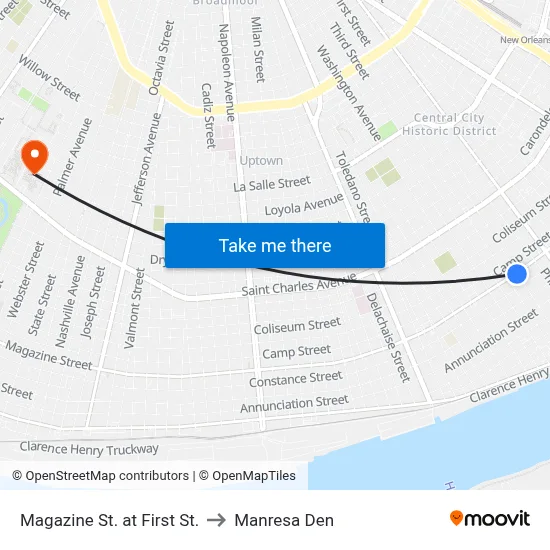 Magazine St. at First St. to Manresa Den map