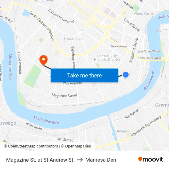 Magazine St. at St Andrew St. to Manresa Den map