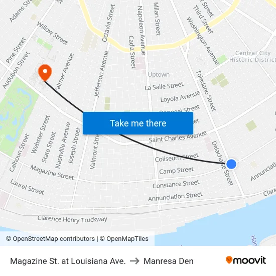 Magazine St. at Louisiana Ave. to Manresa Den map