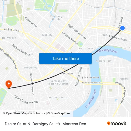 Desire St. at N. Derbigny St. to Manresa Den map