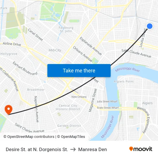 Desire St. at N. Dorgenois St. to Manresa Den map