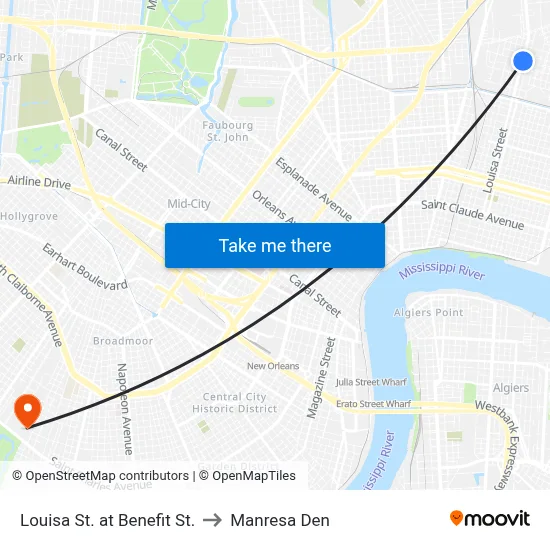 Louisa St. at Benefit St. to Manresa Den map