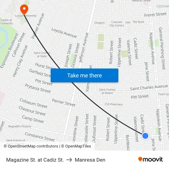Magazine St. at Cadiz St. to Manresa Den map